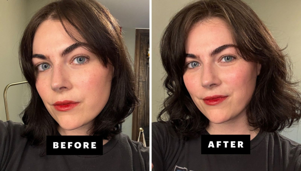 Allure news editor Nicola Dall'Asen before and after using the Wavytalk Thermal Brush